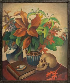 Oil on Canvas, Ca. 1930, "Still Life with Floral Arrangement And Skull", H 35" W 29"