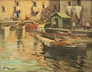 Eduardo Pizzirani (Italian, 1915-2011) Oil on Canvas, Ca. Mid 20th C., "Moored Fishing Vessels", H 16" W 20"
