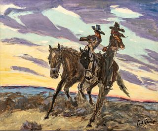 Carl Schmidt (American, 1885-1969) Oil on Board, "Tipsy Riders of the Purple Sage", H 30" W 36"