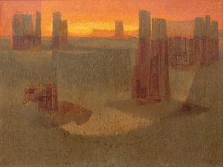 Mario Larrinaga (American, 1895-1979) Oil on Masonite, "Twilight of the Titans", H 36" W 48"