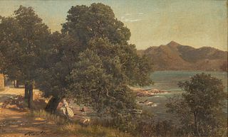 Michael Haubtmann (Czech/German, 1843-1921) Oil on Canvas Mounted to Board, Ca. Late 19th C., "Lakeside Picnic", H 11.25" W 18.25"
