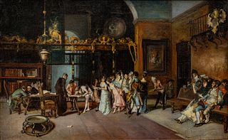 After Marià Fortuny (Spanish, 1838-1874) Oil on Canvas Mounted to Board, Ca. Late 19th C., "The Spanish Wedding", H 9.5" W 15"