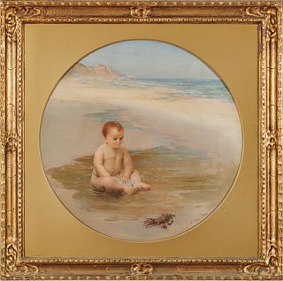 Walter Percy Day O.B.E. (English, 1878-1965) Oil on Canvas, Early 20th C., "Child at Seashore", Dia. 19.5"