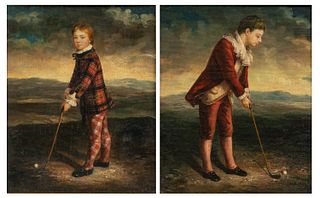 European Oils on Canvas Mounted to Board, Ca. Early 20th C., "Young Men Playing Golf", H 10" W 8" 2 pcs