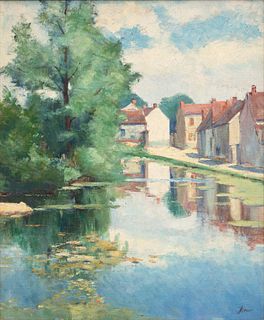 P. Lesur Oil on Canvas "French Village Scene", H 26" W 21"