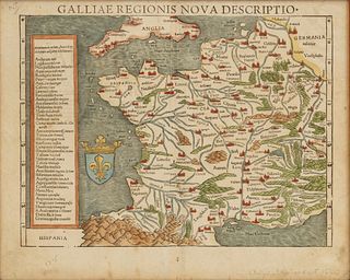 Galliae Regionis Nova Descriptio Hand Colored Map of France on Laid Paper, Ca. 16th Century, H 10" W 13.25"