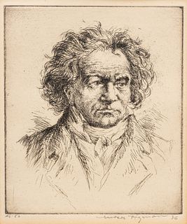Moses Hyman (American, B. 1870) Etching on Paper, Ca. 1936, "Beethoven", H 6" W 4.75"