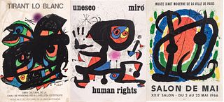 Joan Miro (Spanish, 1893-1893) Lithographic Posters "Tirant Lo Blanc; Salon De Mai; Unesco Human Rights", Group of 3 H 29" W 21.5"