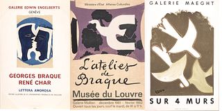 Georges Braque (French, 1882-1963) Lithographic Posters Ca. 1962, "Musee Du Louvre; Rene Char; Galerie Maeght", Group of 3 H 28" W 18.75"
