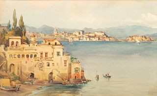 Italian Watercolor on Paper,  19th Century, "Coastal Scene", H 8" W 12.75"