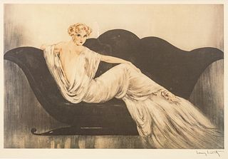 After Louis Icart (French, 1888-1950) Offset Lithograph in Colors on Wove Paper, 1937, "Sofa", H 16" W 24.25"