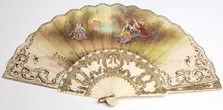 Carved Bone & Hand-Painted Rococo-Style Fan