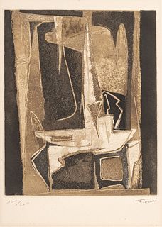 Marcel Fiorini (French, 1922-2008) Etching Aquatint on Paper, "Composition", H 11.25" W 9.1"