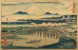 Utagawa Hiroshige II (Japanese, 1826-1869) Woodblock on Paper, Ca. 1860s, "Nihonbashi, from Famous Places in the Eastern Capital"