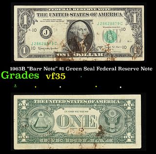 1963B "Barr Note" $1 Green Seal Federal Reserve Note Grades vf++