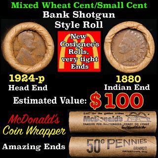 Small Cent Mixed Roll Orig Brandt McDonalds Wrapper, 1924-p Lincoln Wheat end, 1880 Indian other end, 50c
