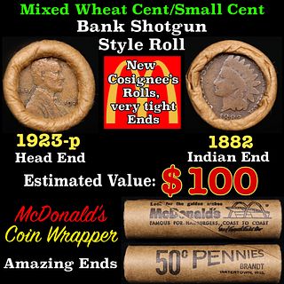 Small Cent Mixed Roll Orig Brandt McDonalds Wrapper, 1923-p Lincoln Wheat end, 1882 Indian other end, 50c