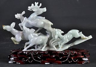 Chinese Carved Jade Figurine of 5 Prancing Deer