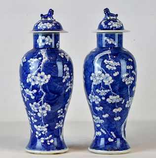 Pr. Chinese Blue & White Porcelain Temple Jars