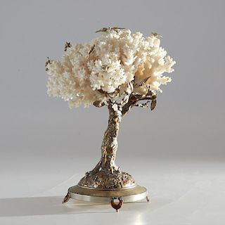 Coral, agate, and bronze tree sculpture