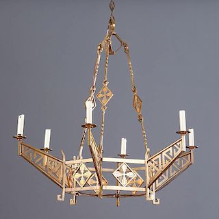 Art Deco bronze 6-arm chandelier
