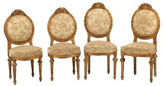 (4) LOUIS XVI STYLE GILT & UPHOLSTERED SIDE CHAIRS