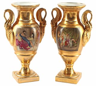 (2) BERLIN STYLE PORCELAIN GILT-GROUND BALUSTER VASES WITH SWAN-FORM HANDLES