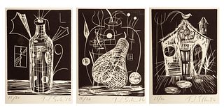 T. L. Solien (American, B. 1949) Linocuts on Paper 1986, "Winged Fail-Us; House of Straw; Womb", Group of 3 H 15" W 11"
