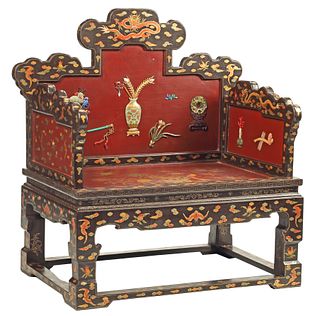 CHINESE RED LACQUER & HARDSTONE MOUNTED THRONE CHAIR