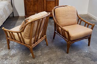 McGuire Pair of Rattan Lounge Chairs with Cushions