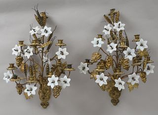 Pair of Whimsical Gilt Bronze and Pressed Glass Wall Sconces