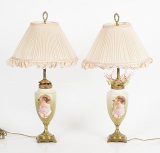 Pair of Continental Gilt Metal and Porcelain Urns as Lamps