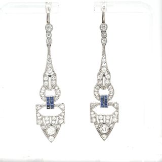 Platinum Long Art Deco Diamond Sapphire Earrings