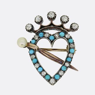 Victorian Pearl Turquoise and Diamond Heart Brooch
