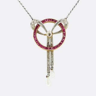 Art Deco Pearl Ruby and Diamond Drop Pendant Necklace