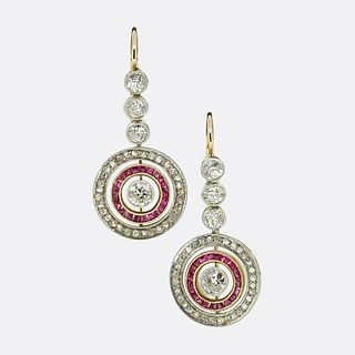 Art Deco Ruby and Diamond Drop Target Earrings