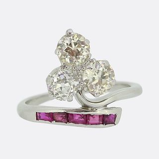 Art Deco Trefoil Diamond and Ruby Ring