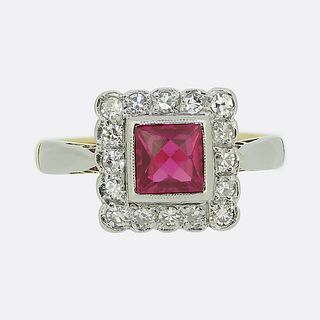 Art Deco Synthetic Ruby and Diamond Cluster Ring