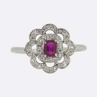 Art Deco Burmese Ruby and Diamond Cluster Ring