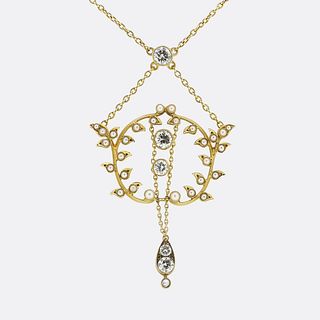 Victorian Pearl and Diamond Lavalier Necklace