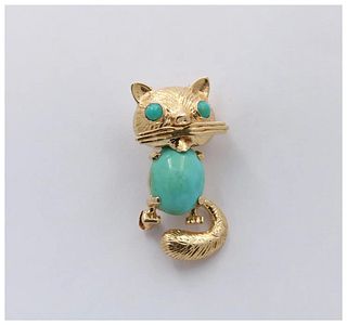 Vintage 14K Yellow Gold Turquoise Kitty Cat Brooch, Pin