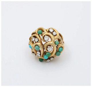 Colorful Vintage 18K Yellow Gold Diamonds Turquoise Cluster Ring