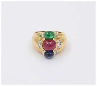Funky Vintage 18K Yellow Gold Cabochon Ruby, Sapphire & Emerald Ring, Estate Ring.
