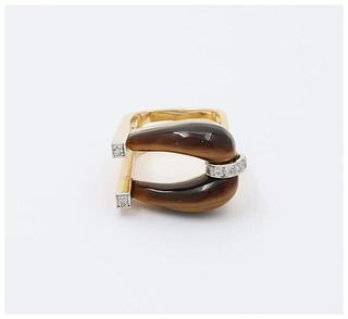 Modern Vintage 14K Yellow Gold Geometric Tiger Eye & Diamond Ring.