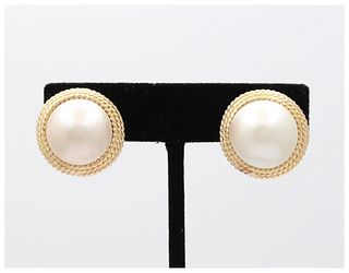 Vintage 14K Yellow Gold Large 16 mm Mabe Pearl Earrings.