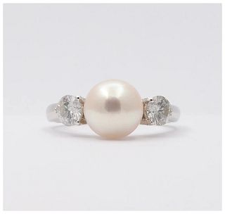 Classic Vintage 18K White Gold Akoya Pearl Diamond Ring,