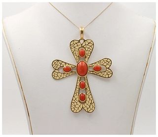 Vintage Italian Large 18K Yellow Gold Coral White Enamel Cross Pendant, Necklace