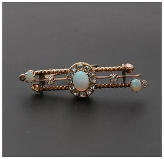 Victorian Opals Diamonds 14K Rose Gold Brooch Pin