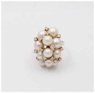 Vintage Pearls Diamonds 14K Yellow Gold Cluster Ring