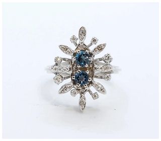 Vintage Flower London Blue Topaz Diamonds 14K White Gold Ring